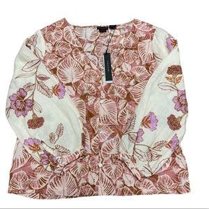 NWT! Tahari 100% Linen Long Sleeve Floral Leaf Neutral Top Size Small